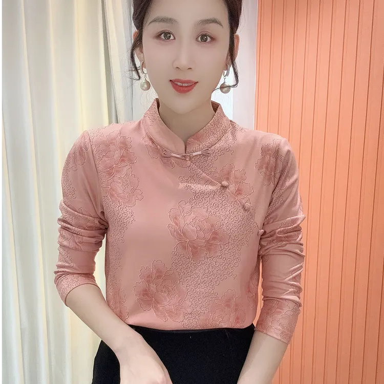 2025冬季新款立领印花气质百搭时尚长袖减龄加绒打底衫上衣女772