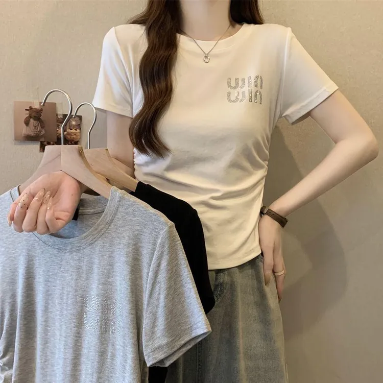 烫钻衣服圆领短袖T恤女不规则春夏季收腰设计感辣妹显瘦短款上衣