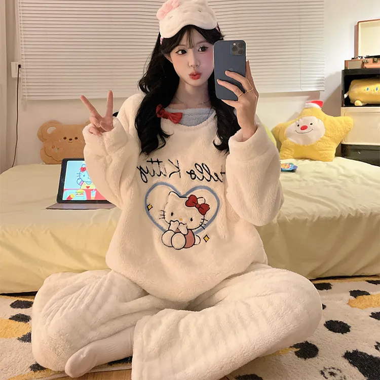 珊瑚绒长袖睡衣女冬季卡通ins风保暖加厚少女外穿加绒家居服套装