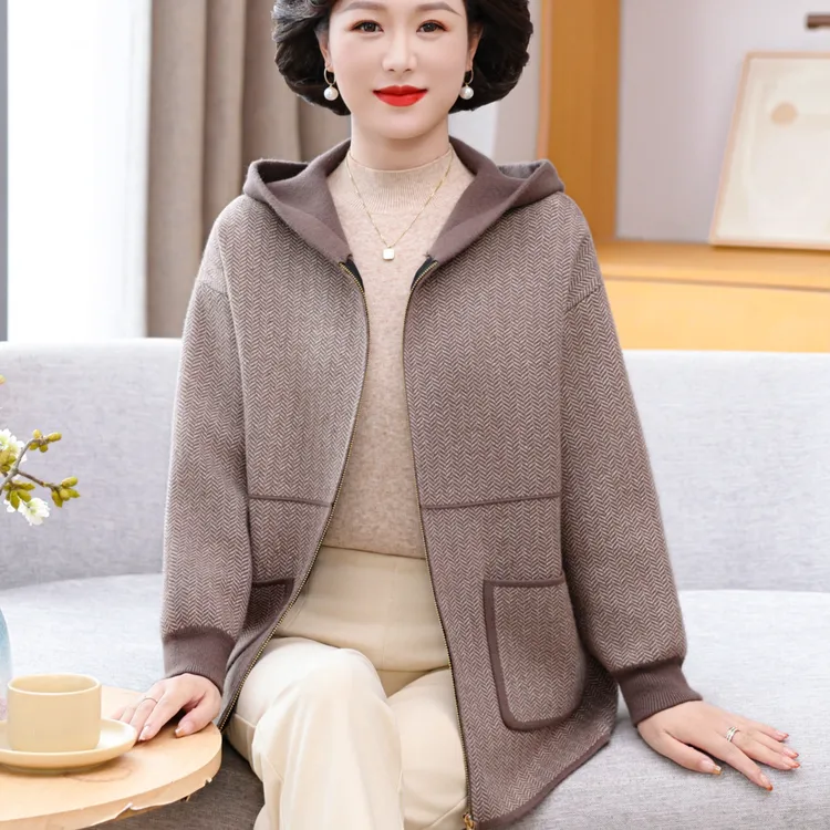 妈妈秋季洋气减龄毛呢开衫外套中老年女秋装新款时尚连帽呢子上衣