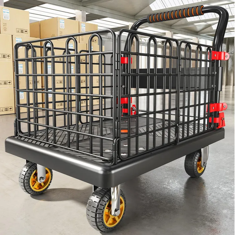 平板小推车拉货拖车可折叠家用带围栏快递手推车拉车轻便捷搬运车