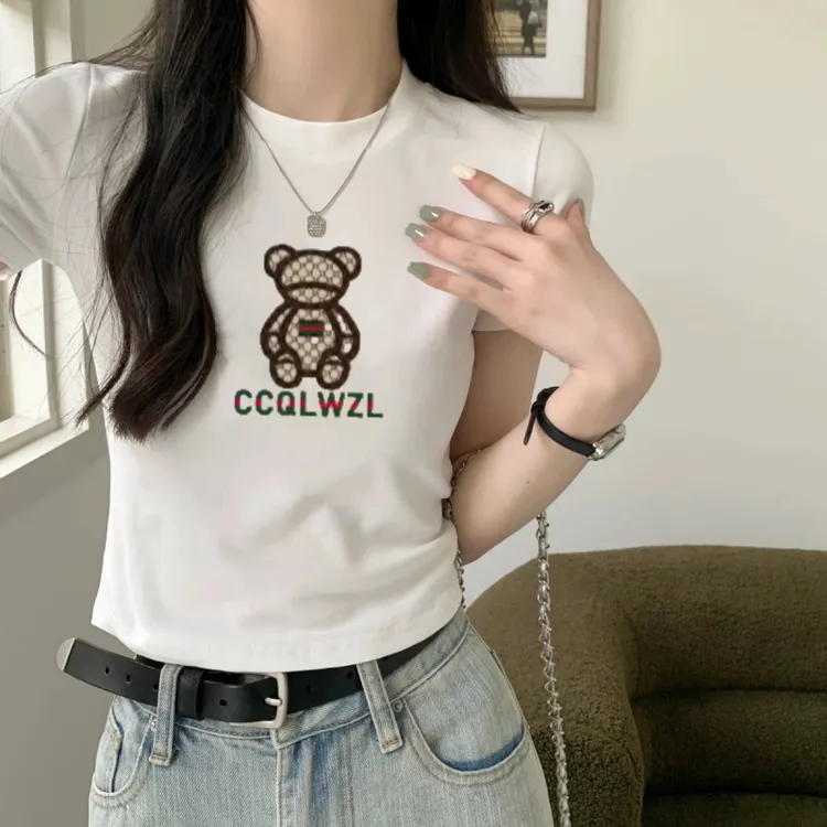 印花圆领短款露脐白色ins高腰宽松百搭短袖T恤针织显瘦