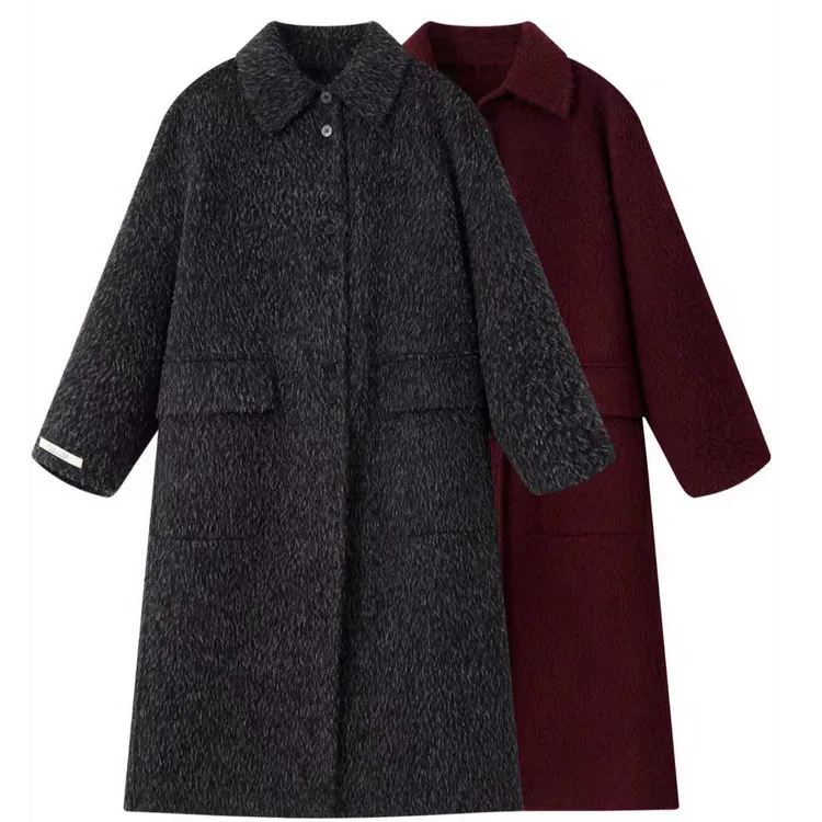 #羊驼苏丽#女毛呢外套流光风绵拼接长款大衣秋冬长款宽松黑色2534