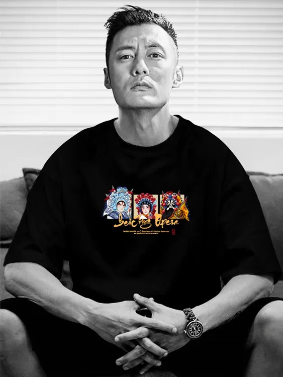 国潮京剧脸谱圆领宽松纯棉百搭男士夏季宽松复古短袖T恤印花潮流