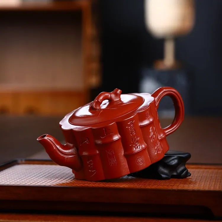 260毫升宜兴紫砂壶原矿朱泥一捆竹壶中式茶壶竹节壶陈玉兰紫砂壶