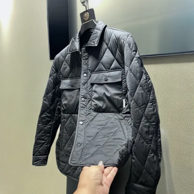 秋冬新款薄棉外套男黑色菱形格翻领男士棉服外套夹克时尚百搭潮流