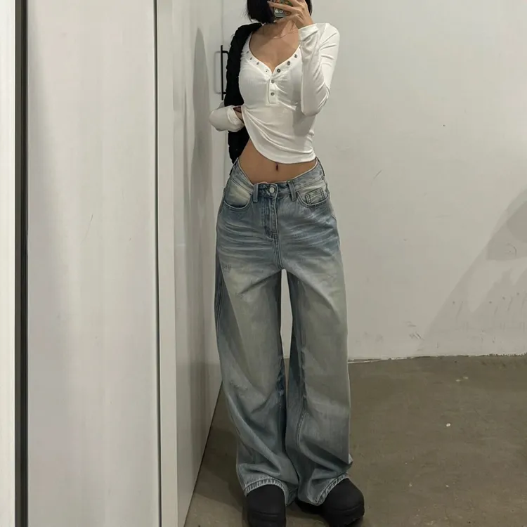 浅色复古直筒牛仔裤女新款春季高腰宽松百搭拖地裤休闲阔腿长裤子