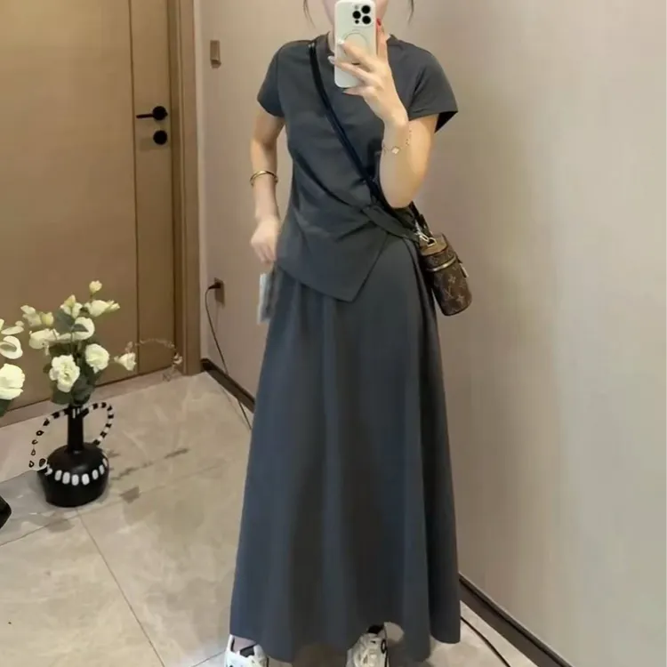 夏季高级感不规则正肩上衣高腰显瘦半身裙套装