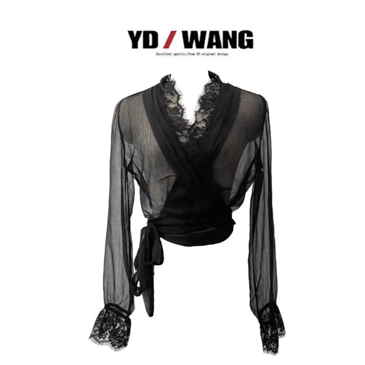 【YD精选】设计款蕾丝边网纱上衣  设计款时尚休闲小众气质女人味