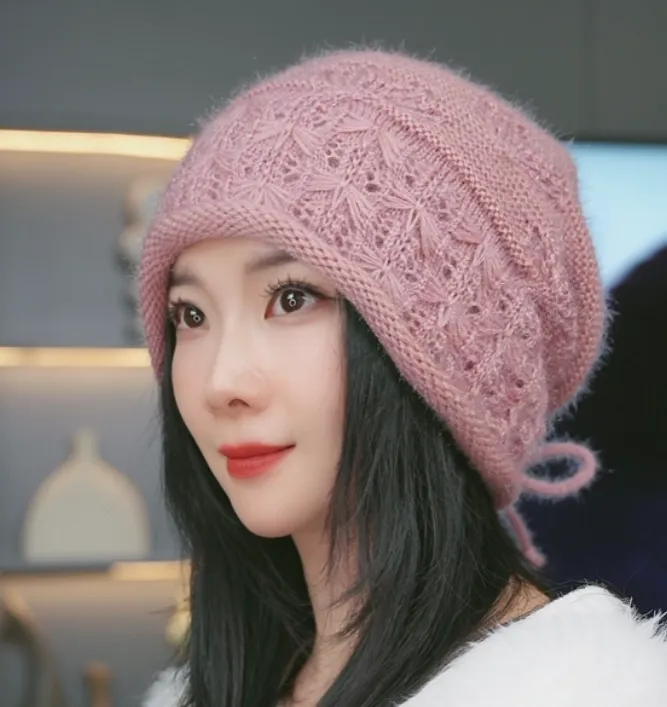 新款双层加绒加厚冬季钩花帽子保暖卷边针织松鼠时尚百搭手工编织