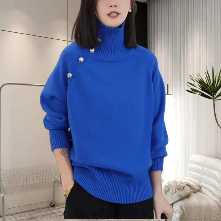 半高领斜肩纽扣针织衫女2024秋冬款高档减龄遮肉百搭气质毛衣907