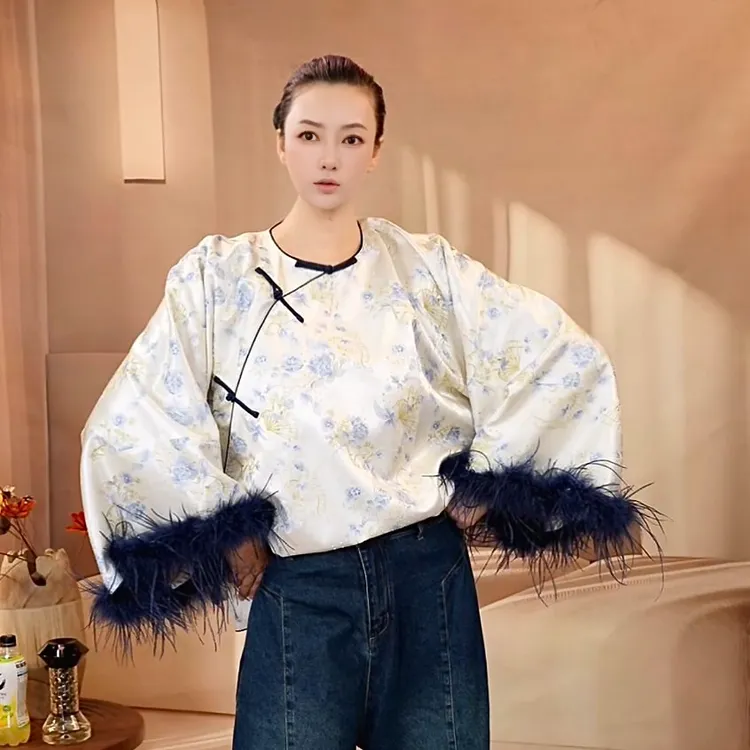 禹栀穿搭美学驼鸟毛杭锦太太服