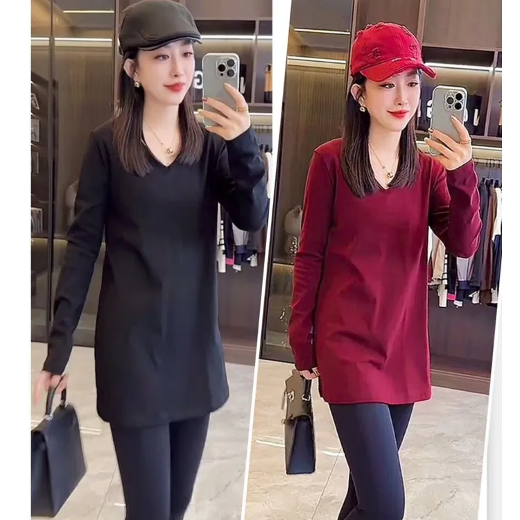 欧货v领中长款T恤纯色正肩显瘦时尚打底衫百搭减龄洋气通勤宽松