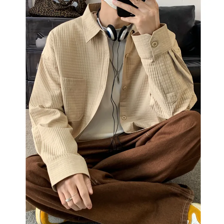 衬衣卡其色华夫格衬衫宽松牛仔裤日系胖子条纹季cleanfit格子裤