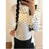 QYao Girls白色波点小衫荷叶边拼接百搭圆领显瘦内搭长袖上衣 