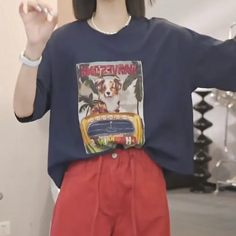 时尚休闲气质印花短袖T恤2025夏季薄款宽松圆领套头正肩百搭上衣