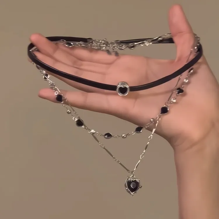 铜合金项链 多层叠戴项链女辣妹甜酷黑皮绳链锁骨链choker颈链