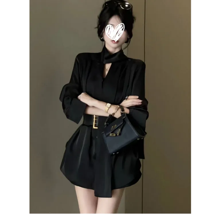 早秋穿搭一整套装女时尚高级感飘带衬衫阔腿短裤气质小香风两件套