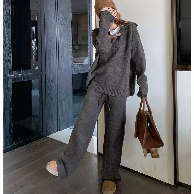 韩系休闲风慵懒两件套25秋冬新款羊毛百搭毛衣阔腿裤套装MU56775