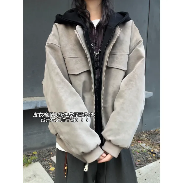 V37美式工装风假两件扎染PU皮夹克棉衣加厚保暖连帽宽松休闲外套