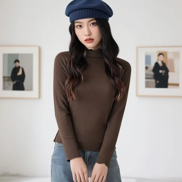 磨毛徳绒半高领长袖打底衫 女士秋冬保暖内搭木耳边时尚加绒上衣