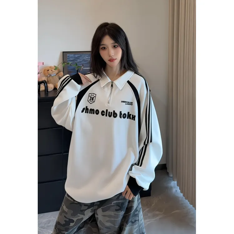 美式半拉链polo衫卫衣男秋季新款拼接字母印花落肩袖潮牌长袖t恤