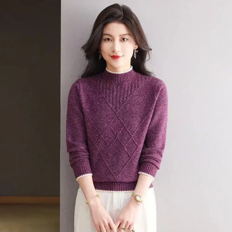 冬季新款圆领女针织衫羊毛衫打底百搭休闲冬保暖气质宽松套头上衣