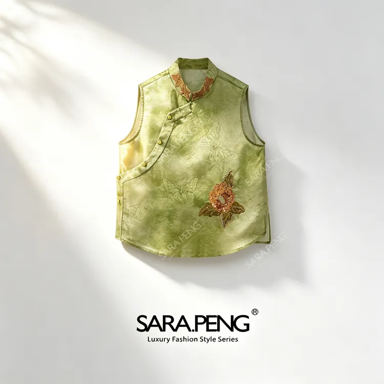 SARA.PENG琉璃绣锦|桑蚕丝重工刺绣斜襟马甲上衣新中式出游国风5D