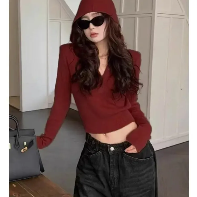 美式辣妹橘色连帽针织衫打底秋季设计修身收腰长袖毛衣短款上衣