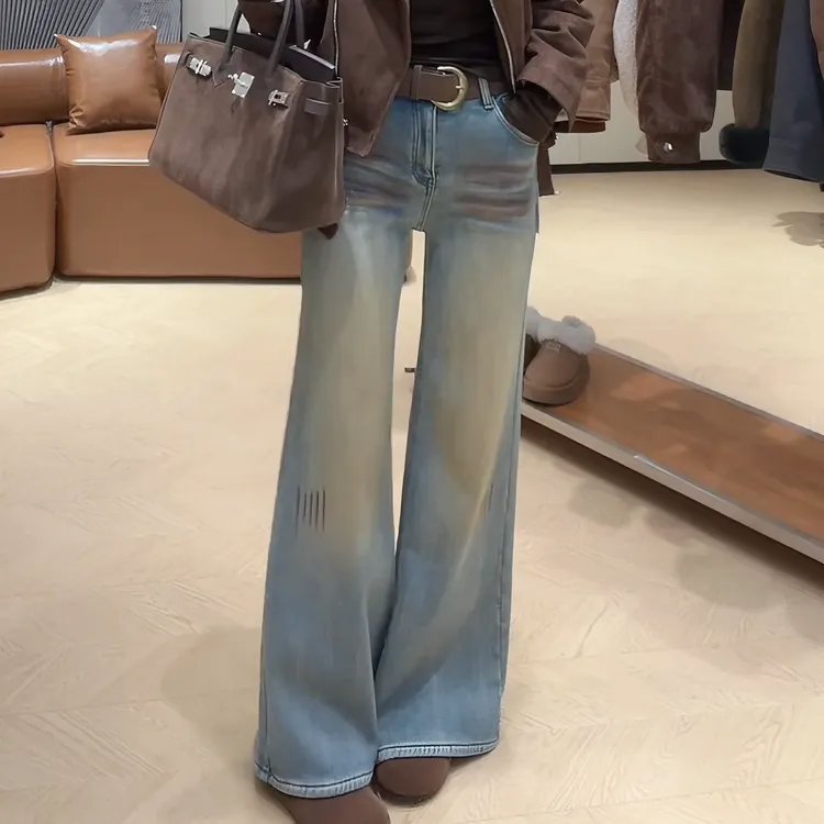 2025冬季加绒四面弹复古水洗直筒时尚微喇裤高腰牛仔裤LK2508298