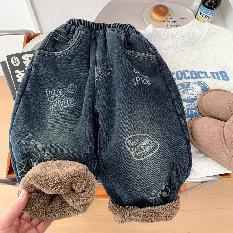 儿童加绒加厚牛仔裤冬装一体绒韩版休闲裤男宝宝羊羔绒柔软老爹裤