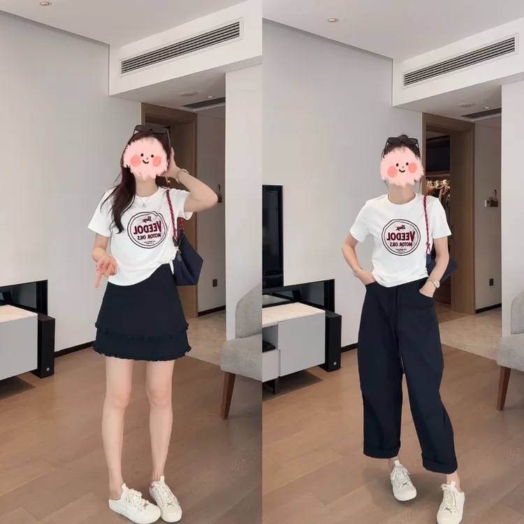 2025夏季洋气穿搭字母印花宽松百搭上衣休闲长裤高腰半身裙套装