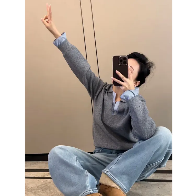 灰色翻领长袖针织衫女2025秋冬新款气质减龄百搭假两件大码毛衣潮