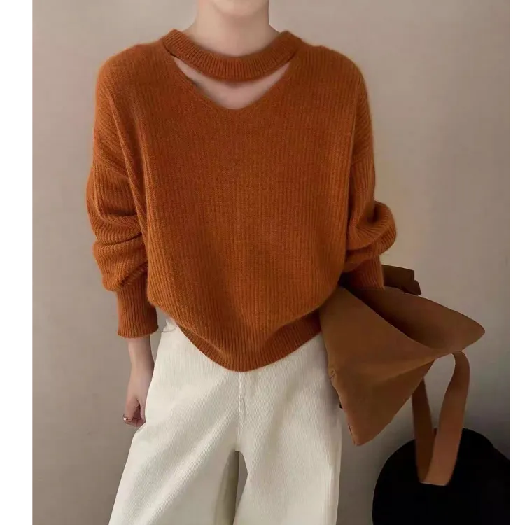 【定制加厚】时尚设计感！气质挂脖V领纯针织衫毛衣上衣秋冬宽松套头