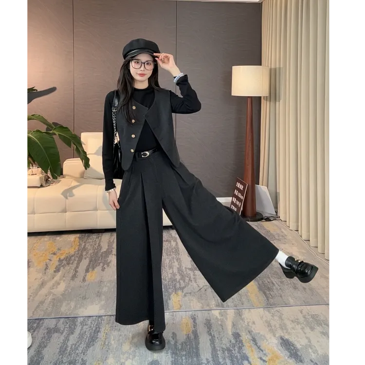 蔡小姐马甲+打底衫+裙裤时尚套装西裤直筒气质秋季百搭长裤高腰