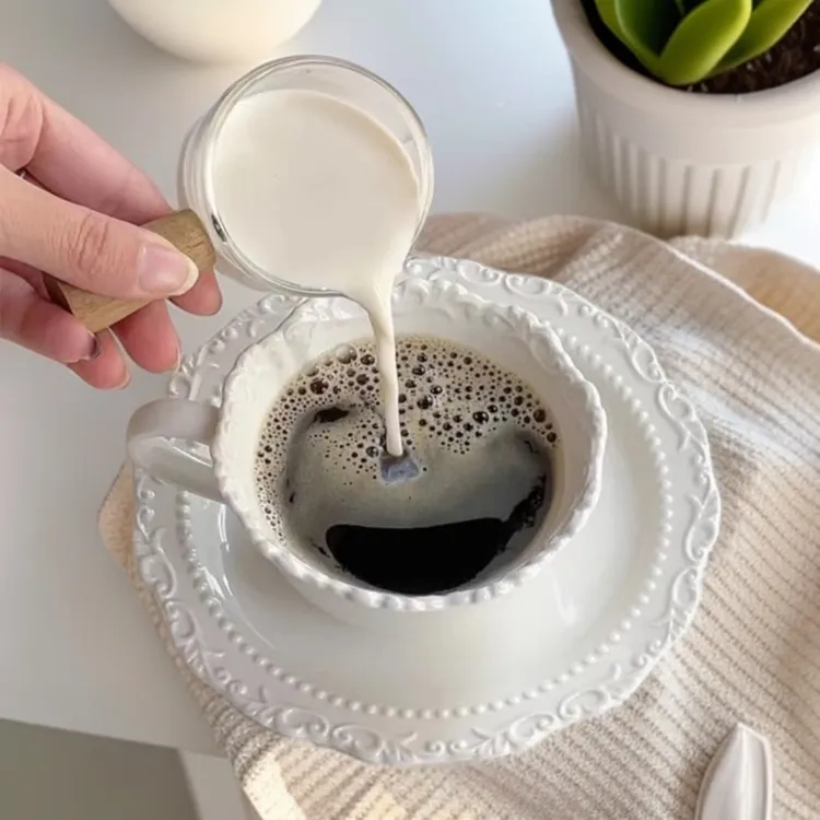 法式浮雕花复古纯色色杯碟套装6碟6杯家用咖啡杯早餐杯简约茶杯
