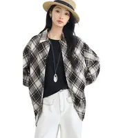 对白复古格子长袖衬衫女衬衣开衫松弛感宽松休闲上衣DYZB-FDC200