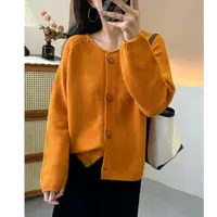 落日余晖南瓜橘复古圆领牛角扣针织开衫宽松慵懒风秋洋气外套新