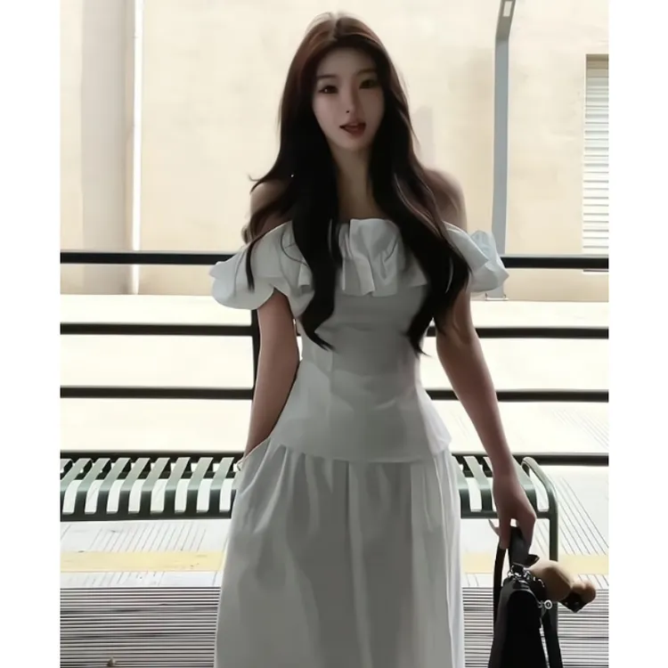 MARIE.COCO时尚套装一字肩衬衫上衣白色花苞裙子半身裙小众两件套