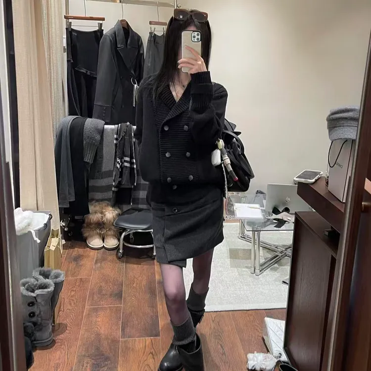 韩版双排扣毛衣青果领简约轻熟风半身裙套装