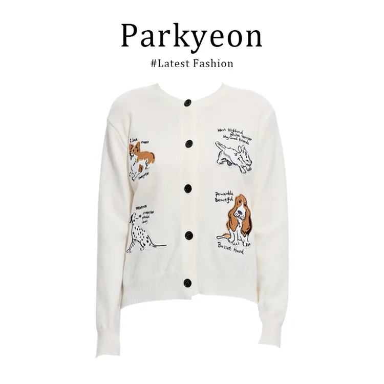 parkyeon韩系小狗刺绣毛衣外套女早秋季外穿宽松慵懒针织开衫上衣