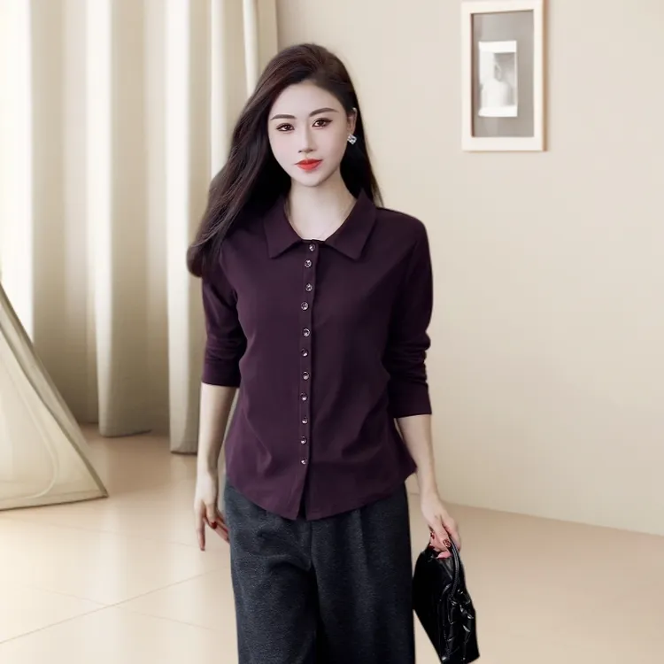 纯色翻领小衫韩版女装厚款流光风女士秋冬衬衫气质双面奥绒保暖款