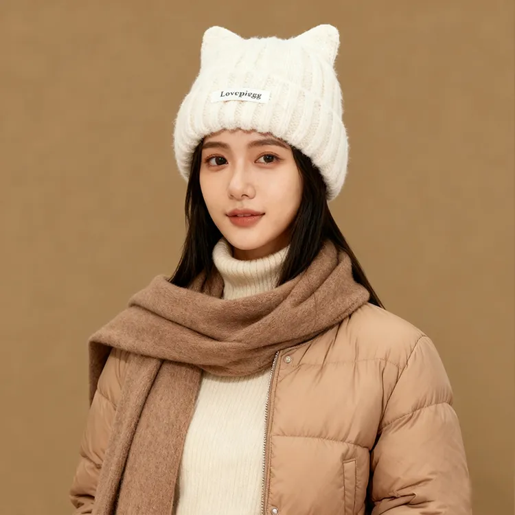 日系可爱猫耳朵毛线帽女秋冬黑色大头针织帽小猫毛线帽子冬季帽