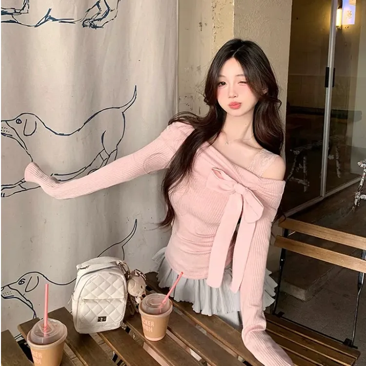 一字肩蝴蝶结蕾丝吊带修身甜美设计感打底衫上衣