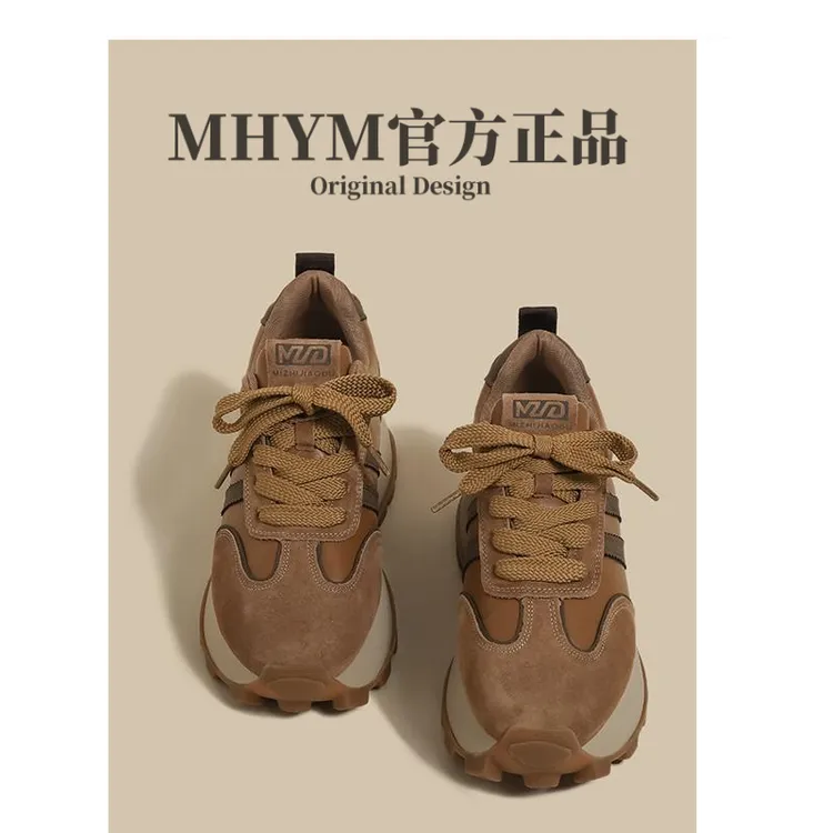 厚底阿甘鞋女2025春季新款复古棕色3233小码内增高华夫运动老爹鞋