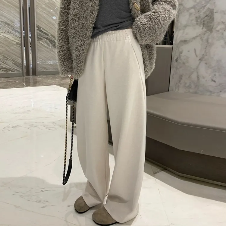 米白色阔腿裤女加绒秋冬新款高腰直筒裤醋酸垂感休闲加厚弯刀裤子