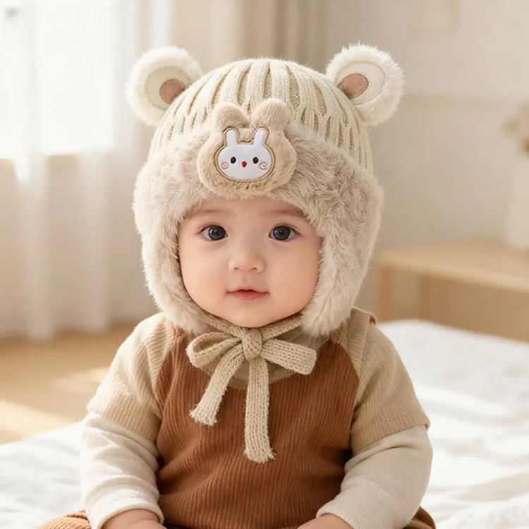 宝宝帽子秋冬季毛线帽男童女婴幼儿韩版可爱小兔护耳帽加绒厚保暖