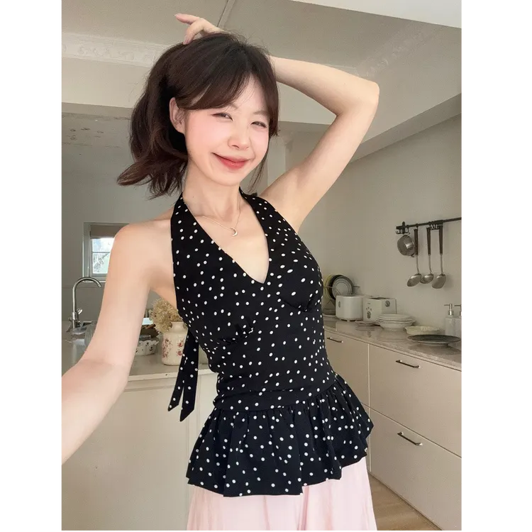 新中式风黑色波点v领挂脖背心女夏季花苞收腰美背女春夏上衣