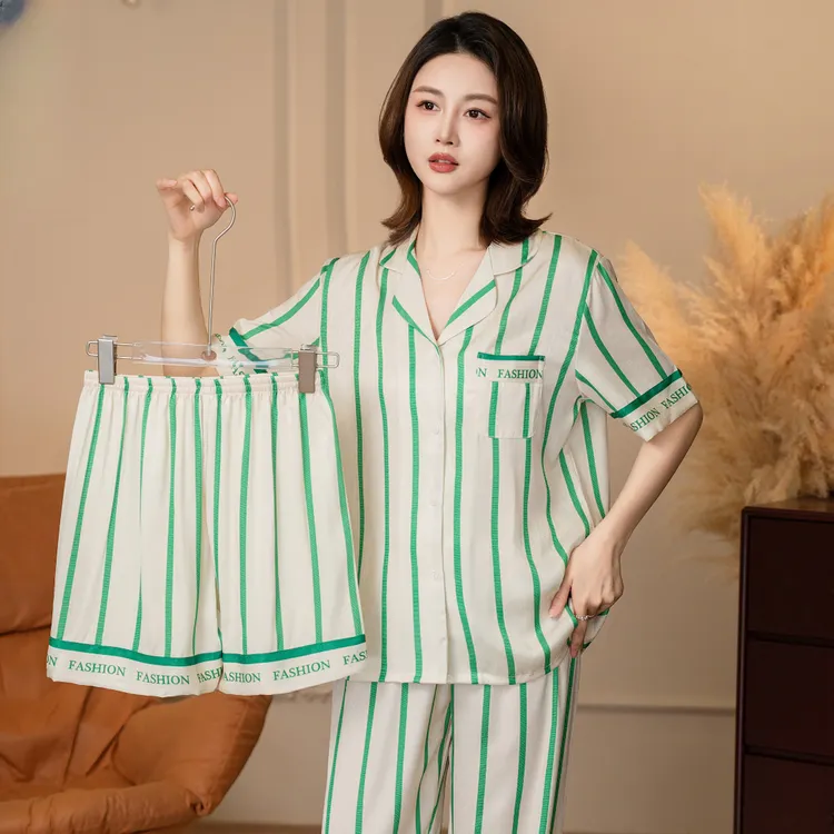 DAVINCIART达芬奇密码爆款睡衣女套装绿色条纹时尚休闲女士春夏