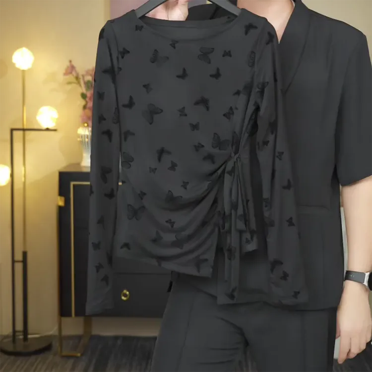 【黑蝶梦境】秋冬厚款绑带蝴蝶T恤长袖女黑色修身显瘦打底衫C6421